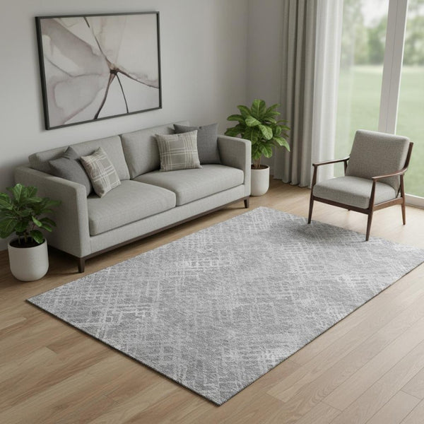 HomeRoots 5' X 8' Gray & Silver Abstract Geometric Area Rug - Washable, UV Protected, Stain Resistant Design 666688