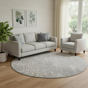 HomeRoots 8' Gray and Silver Abstract Geometric Round Rug – Washable, UV Protected, Perfect for Modern Spaces! 666689
