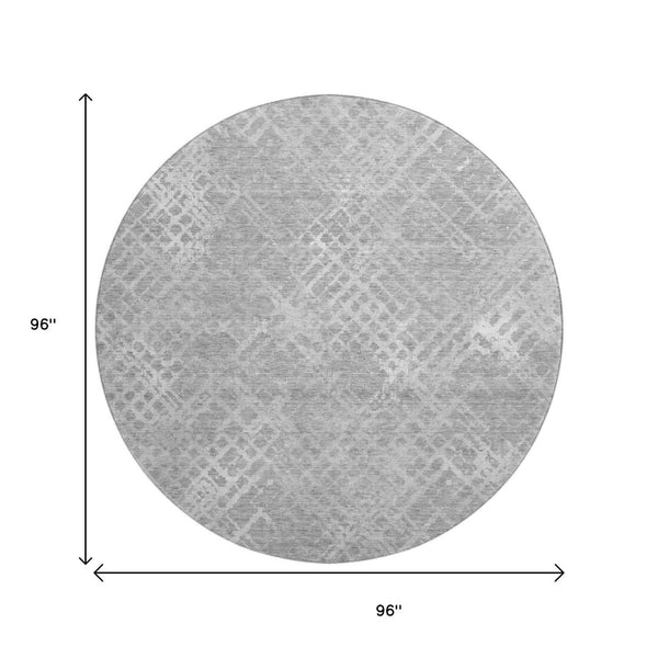 HomeRoots 8' Gray and Silver Abstract Geometric Round Rug – Washable, UV Protected, Perfect for Modern Spaces! 666689