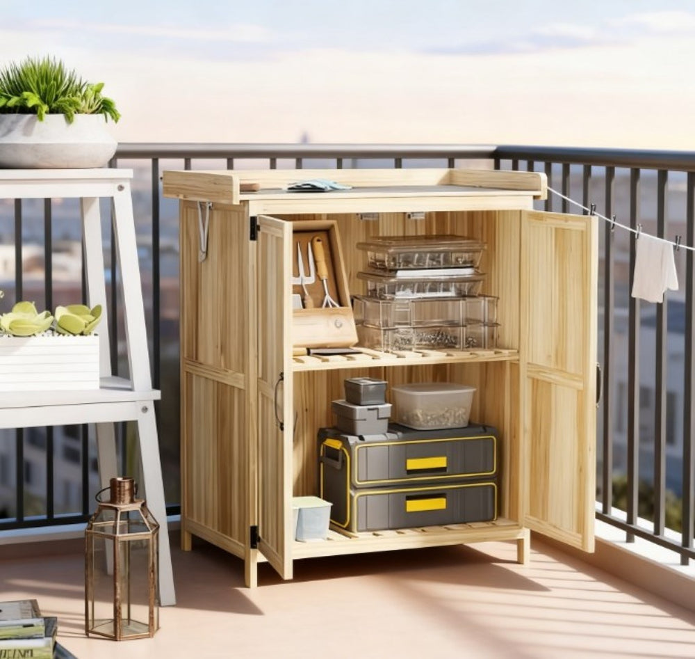 English Elm Wooden Garden Potting Bench with Fir Construction Steel Top and Weatherproof Tool Cabinet T3971P423152