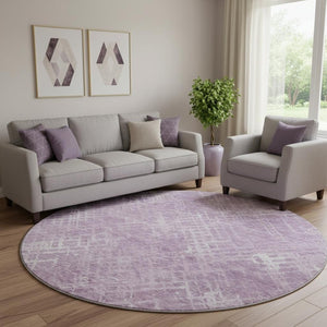 HomeRoots 8' Stylish Lavender & Ivory Abstract Round Rug - Washable, UV-Protected & Perfect for High-Traffic Areas 666695