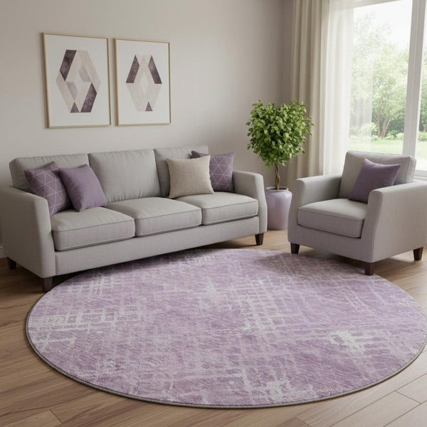 HomeRoots 8' Stylish Lavender & Ivory Abstract Round Rug - Washable, UV-Protected & Perfect for High-Traffic Areas 666695