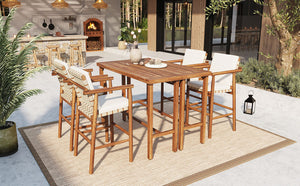 English Elm 6 Piece Acacia Wood Outdoor Bar Set with Cushioned Stools for Patio Poolside Dining N704G201254A