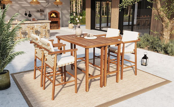 English Elm 6 Piece Acacia Wood Outdoor Bar Set with Cushioned Stools for Patio Poolside Dining N704G201254A