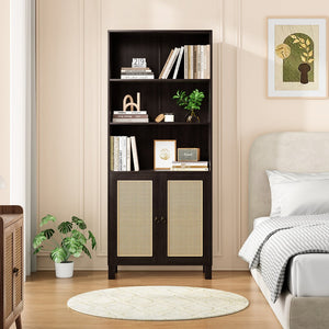 English Elm Tall Rattan Door Bookcase with 5 Shelves — Stylish Tall Storage Shelf for Living Room Office LibraryBedroom Walnut T3623P379905