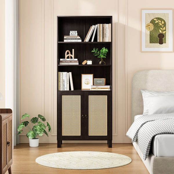 English Elm Tall Rattan Door Bookcase with 5 Shelves — Stylish Tall Storage Shelf for Living Room Office LibraryBedroom Walnut T3623P379905