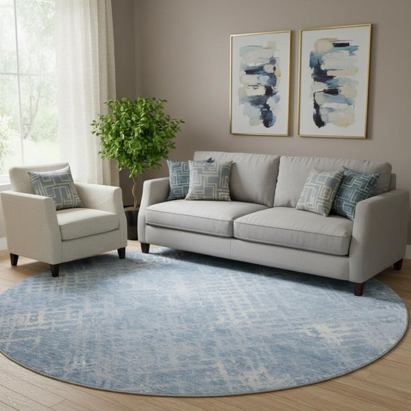 HomeRoots 8' Sky Blue & Ivory Abstract Geometric Round Rug - Washable, UV-Protected, Durable for Busy Homes 666701