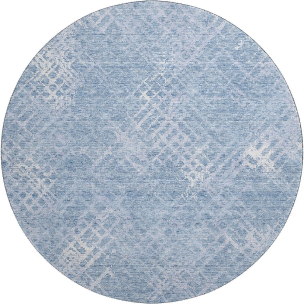 HomeRoots 8' Sky Blue & Ivory Abstract Geometric Round Rug - Washable, UV-Protected, Durable for Busy Homes 666701