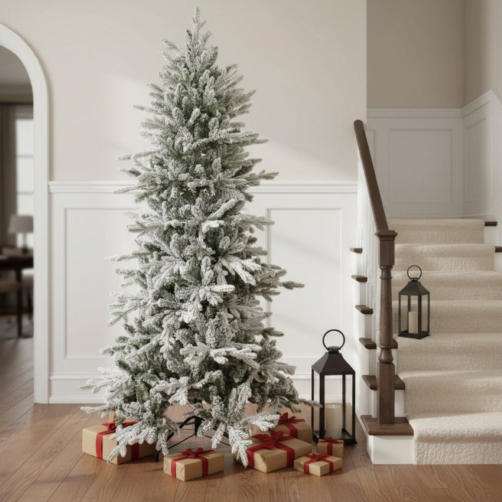 HomeRoots 6' Slender Flocked Pine Christmas Tree – Elegant, Space-Saving Holiday Centerpiece for Small Spaces 666706