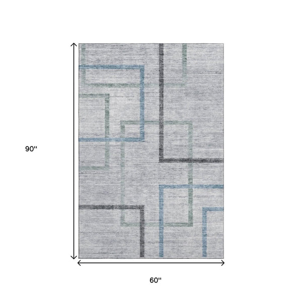 HomeRoots 5' X 8' Gray and Blue Geometric Washable Area Rug - Stylish, Durable, UV Protected for Any Space! 666708