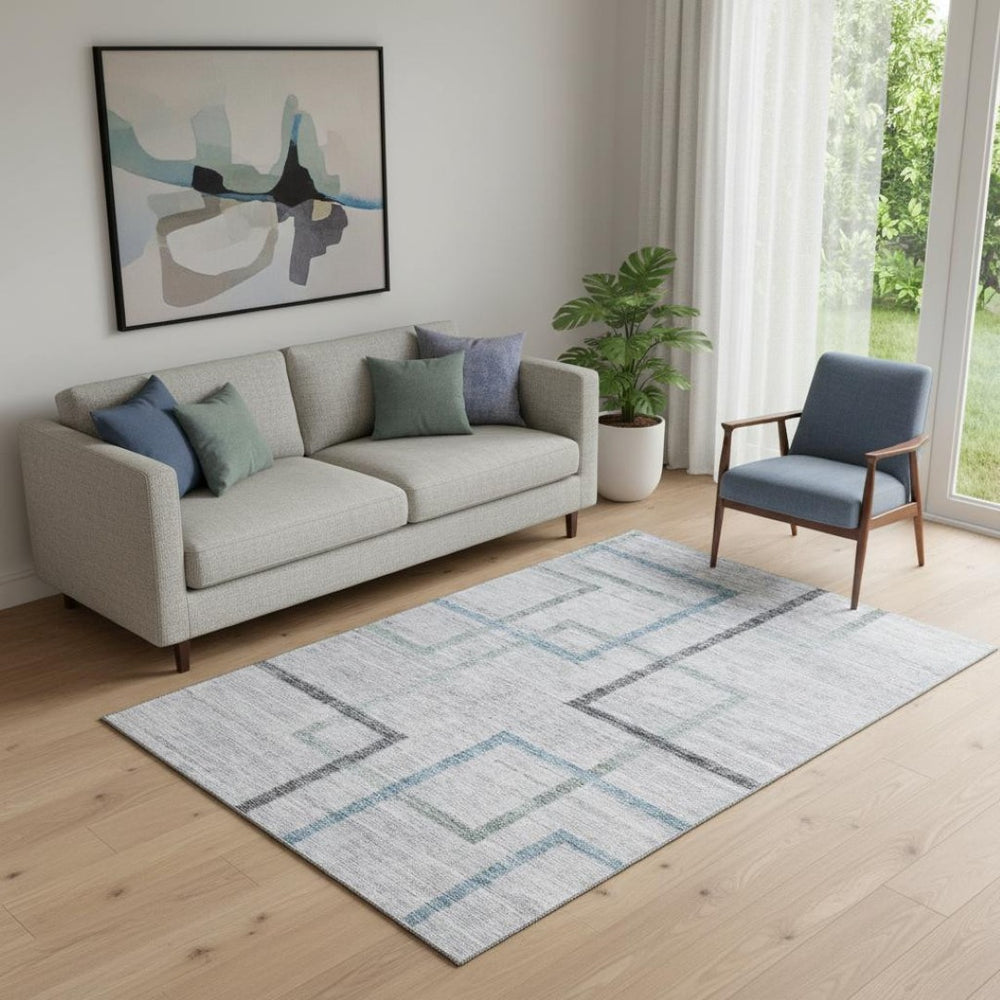 HomeRoots 5' X 8' Gray and Blue Geometric Washable Area Rug - Stylish, Durable, UV Protected for Any Space! 666708