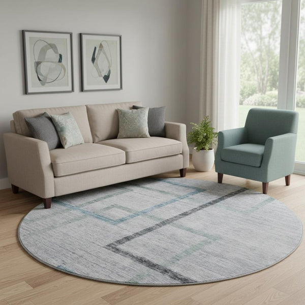 HomeRoots 8' Gray and Blue Geometric Round Rug - Washable, UV-Protected, Durable for High-Traffic Areas 666709