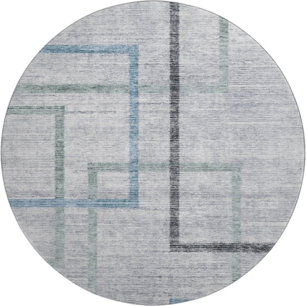 HomeRoots 8' Gray and Blue Geometric Round Rug - Washable, UV-Protected, Durable for High-Traffic Areas 666709