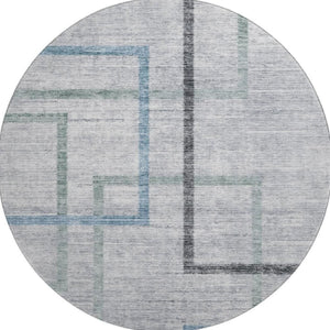 HomeRoots 8' Gray and Blue Geometric Round Rug - Washable, UV-Protected, Durable for High-Traffic Areas 666709