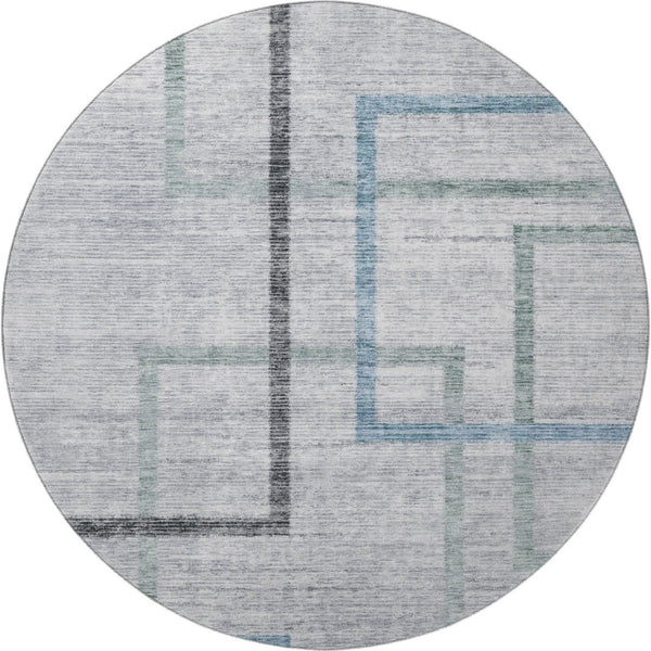 HomeRoots 8' Gray and Blue Geometric Round Rug - Washable, UV-Protected, Durable for High-Traffic Areas 666709