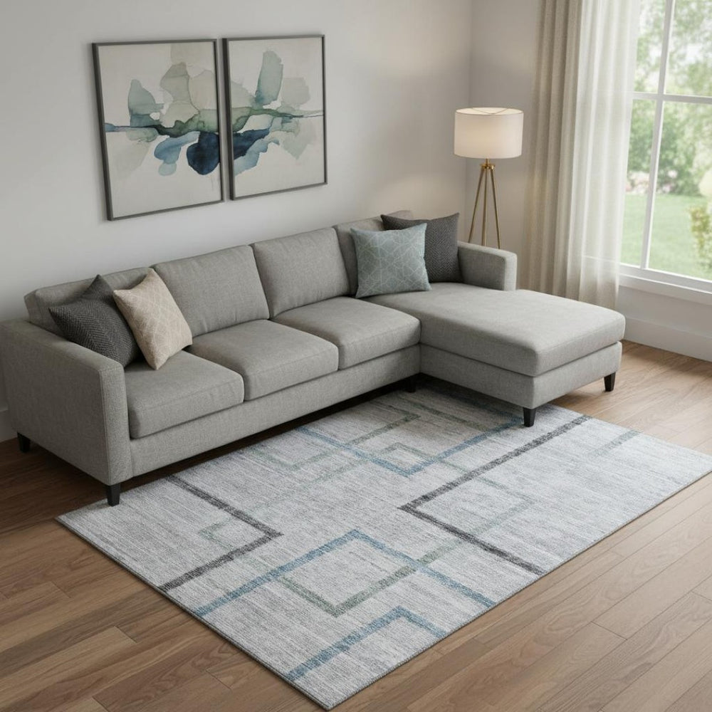 HomeRoots 8' X 10' Stylish Gray and Blue Geometric Washable Area Rug with UV Protection for Modern Living Spaces 666710