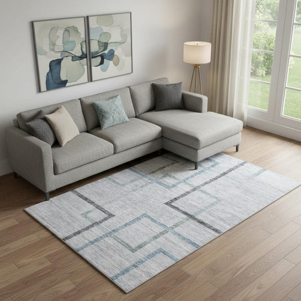 HomeRoots 9' X 12' Stylish Gray and Blue Geometric Area Rug - Washable, UV-Protected for Modern Spaces! 666711