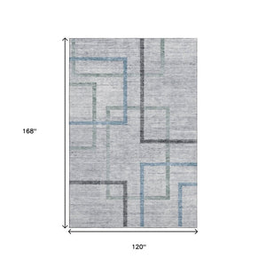 HomeRoots 10' x 14' Gray & Blue Geometric Washable Area Rug - Durable, UV-Protected, Modern Design for Homes 666712