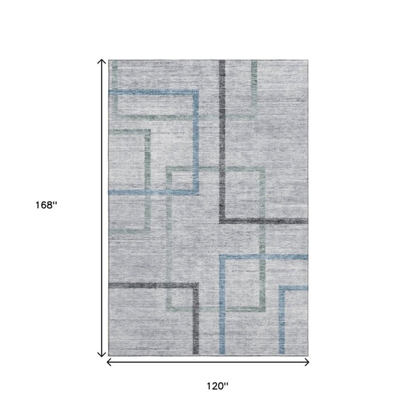 HomeRoots 10' x 14' Gray & Blue Geometric Washable Area Rug - Durable, UV-Protected, Modern Design for Homes 666712