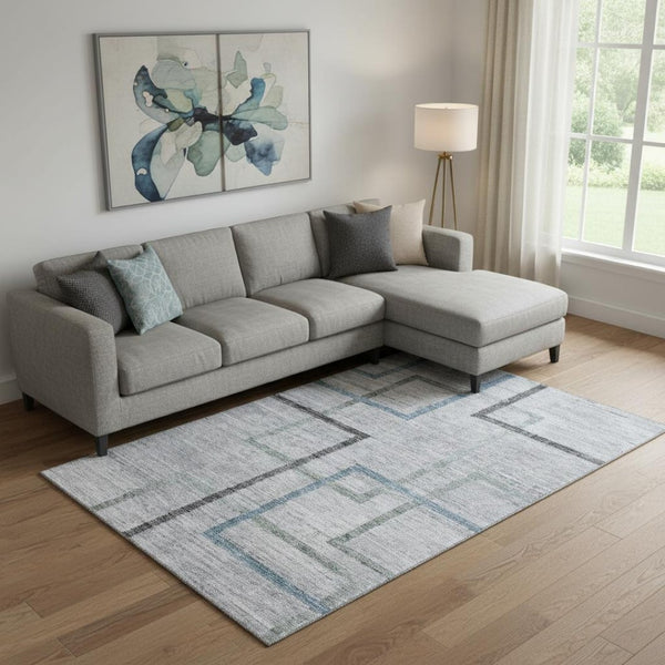 HomeRoots 10' x 14' Gray & Blue Geometric Washable Area Rug - Durable, UV-Protected, Modern Design for Homes 666712