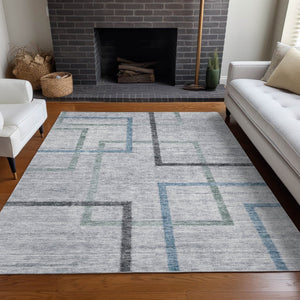 HomeRoots 10' x 14' Gray & Blue Geometric Washable Area Rug - Durable, UV-Protected, Modern Design for Homes 666712