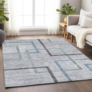 HomeRoots 10' x 14' Gray & Blue Geometric Washable Area Rug - Durable, UV-Protected, Modern Design for Homes 666712