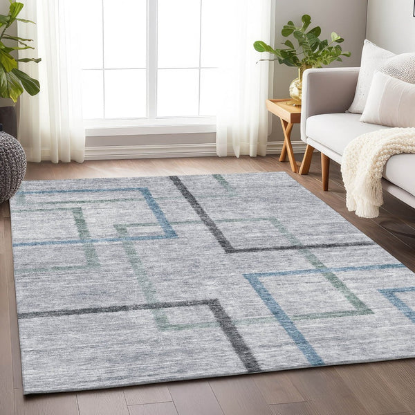 HomeRoots 10' x 14' Gray & Blue Geometric Washable Area Rug - Durable, UV-Protected, Modern Design for Homes 666712