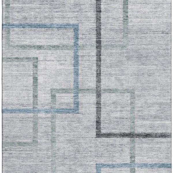 HomeRoots 10' x 14' Gray & Blue Geometric Washable Area Rug - Durable, UV-Protected, Modern Design for Homes 666712