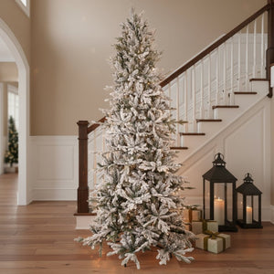 HomeRoots 8' Elegant Slender Flocked Pine Christmas Tree - Perfect for Compact Spaces with Realistic Snow Finish 666718