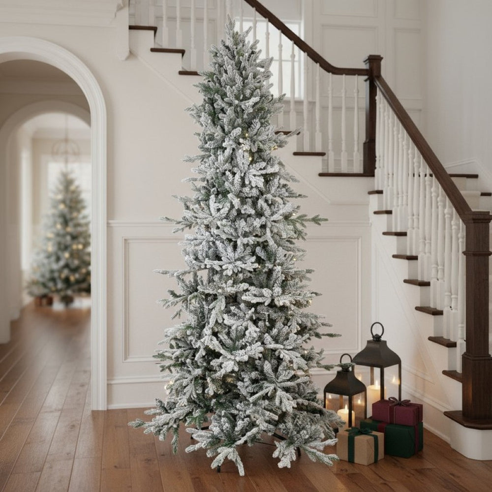 HomeRoots 8' Elegant Slender Flocked Pine Christmas Tree - Perfect for Compact Spaces with Realistic Snow Finish 666718