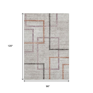 HomeRoots 8' X 10' Geometric Washable Area Rug in Taupe, Purple & Copper - UV Protected, Stain Resistant Design 666723