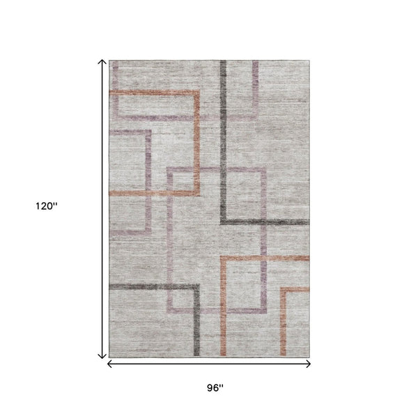 HomeRoots 8' X 10' Geometric Washable Area Rug in Taupe, Purple & Copper - UV Protected, Stain Resistant Design 666723