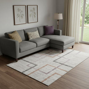 HomeRoots 8' X 10' Geometric Washable Area Rug in Taupe, Purple & Copper - UV Protected, Stain Resistant Design 666723