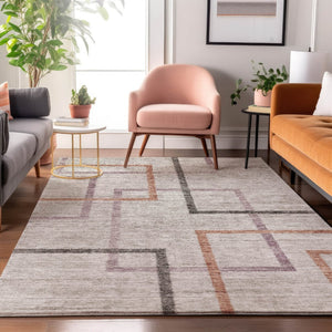 HomeRoots 9' X 12' Geometric Area Rug in Taupe, Purple & Copper - Washable, UV Protected & Pet Friendly! 666724