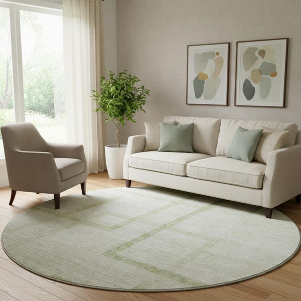 HomeRoots 8' Artichoke Green & Gray Geometric Washable Round Rug - Durable, Stylish, UV Protected for Any Space 666732