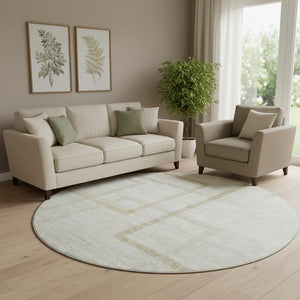 HomeRoots 8' Beige and Taupe Geometric Round Rug - Washable, UV-Protected, Stylish, Family-Friendly Design 666738