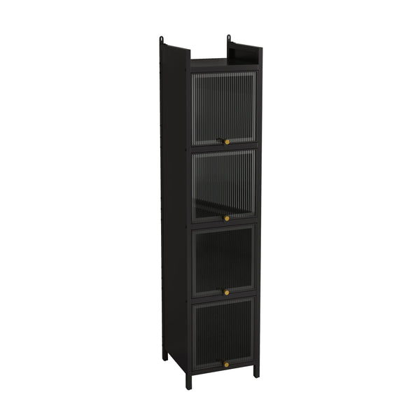 English Elm Modern Four-tier Glass Door Cabinet with Slim Iron Frame, Five Shelves, Heavy-Duty 33lb Capacity Black W757P241562