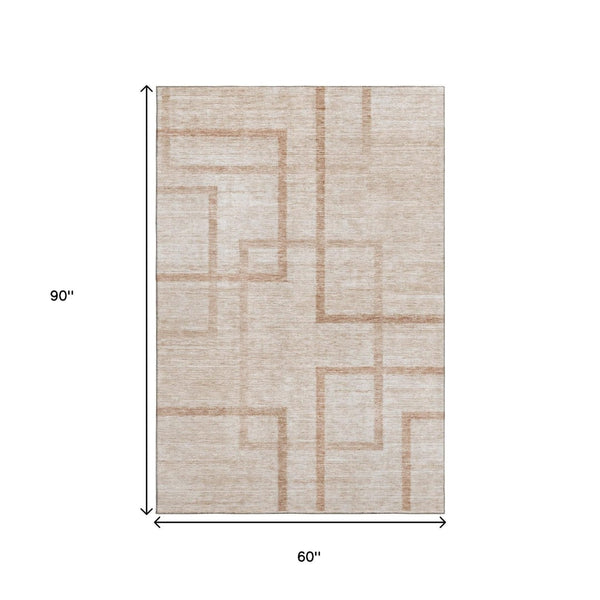 HomeRoots 5' Coral & Rust Geometric Washable Area Rug - UV Protected, Durable, Stain-Resistant Design for Homes 666743