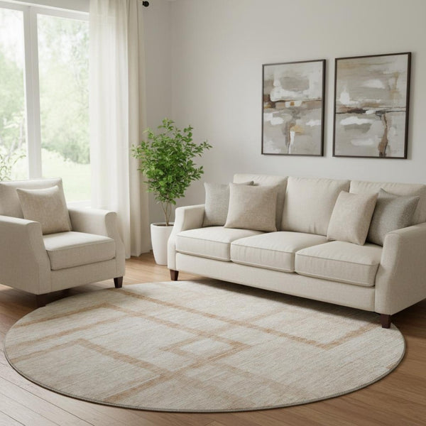 HomeRoots 8' Coral and Rust Geometric Washable Round Rug - Stylish, Durable, UV-Protected for Easy Care & Comfort 666744