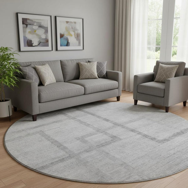HomeRoots 8' Gray and Silver Geometric Washable Round Rug - Durable, Stylish, UV-Protected for High-Traffic Areas 666750