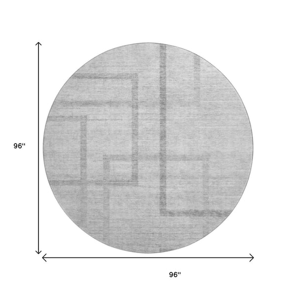 HomeRoots 8' Gray and Silver Geometric Washable Round Rug - Durable, Stylish, UV-Protected for High-Traffic Areas 666750