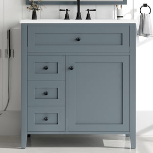 English Elm 30-Inch Contemporary Bathroom Vanity with Sink, MDF & Rubberwood, Glossy Finish, 3 Drawers + Cabinet Blue Gray N725P350819E