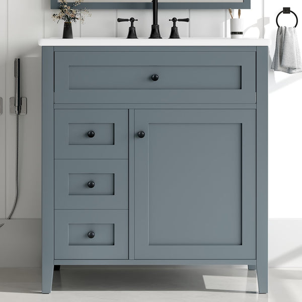 English Elm 30-Inch Contemporary Bathroom Vanity with Sink, MDF & Rubberwood, Glossy Finish, 3 Drawers + Cabinet Blue Gray N725P350819E