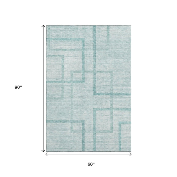 HomeRoots 5' X 8' Teal and Ivory Geometric Area Rug - Washable, UV-Protected, Stain-Resistant Design for Homes 666761