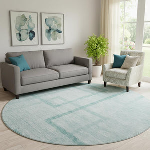 HomeRoots 8' Teal and Ivory Geometric Round Rug - Washable, UV Protected, Stylish for Living Rooms & Patios 666762