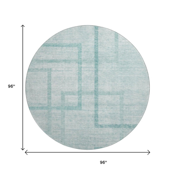 HomeRoots 8' Teal and Ivory Geometric Round Rug - Washable, UV Protected, Stylish for Living Rooms & Patios 666762