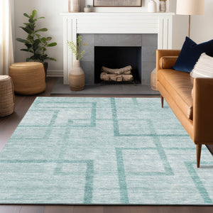 HomeRoots 9' X 12' Teal And Ivory Geometric Area Rug – Stylish, Washable & UV-Protected for Busy Homes! 666764