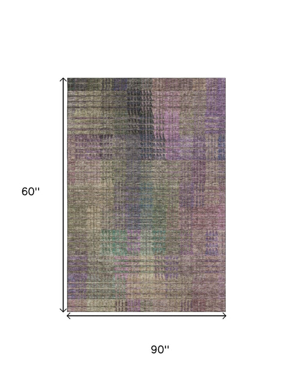 HomeRoots 5' X 8' Washable Abstract Geometric Area Rug in Plum, Green & Brown - Durable, UV Protected Design! 666773
