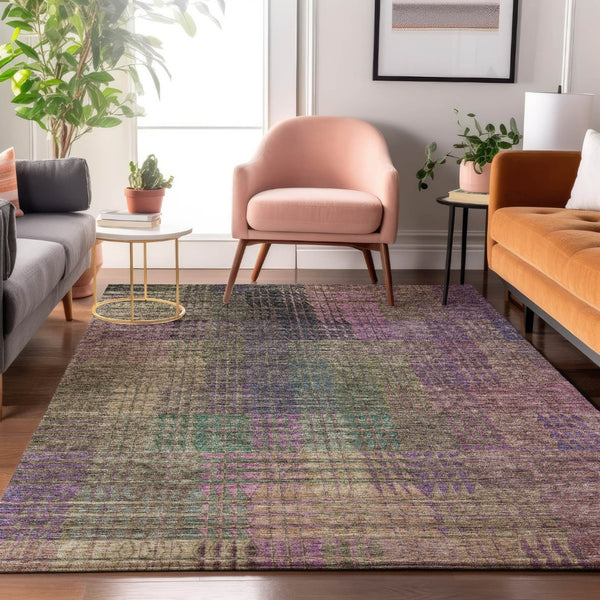 HomeRoots 5' X 8' Washable Abstract Geometric Area Rug in Plum, Green & Brown - Durable, UV Protected Design! 666773