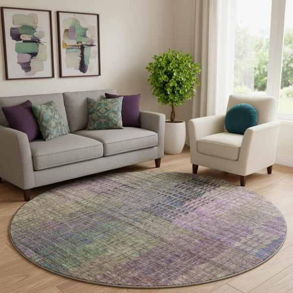 HomeRoots 8' Washable Round Rug in Plum, Green & Brown - Abstract Geometric Design with UV Protection & Durability 666774